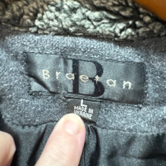 Braetan Womens Double-Breasted Wool Coat Lg Belted Waist Faux Fur Charcoal Gray - Picture 2 of 12